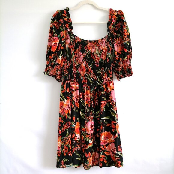MSK Womens Black Floral Print Smocked Romantic Bodice Fit & Flare Dress Size L - Picture 4 of 6